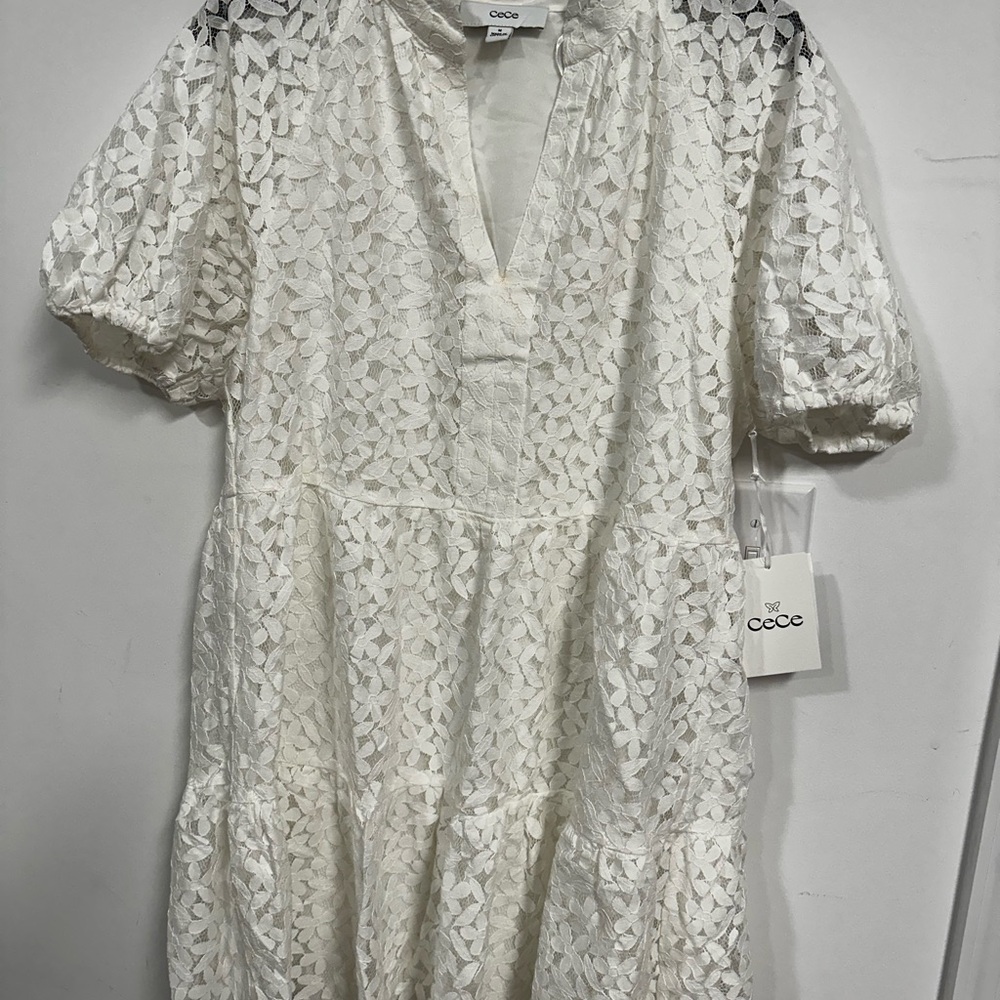 CeCe White Lace Mini Dress with Puff Sleeves - Picture 2 of 5